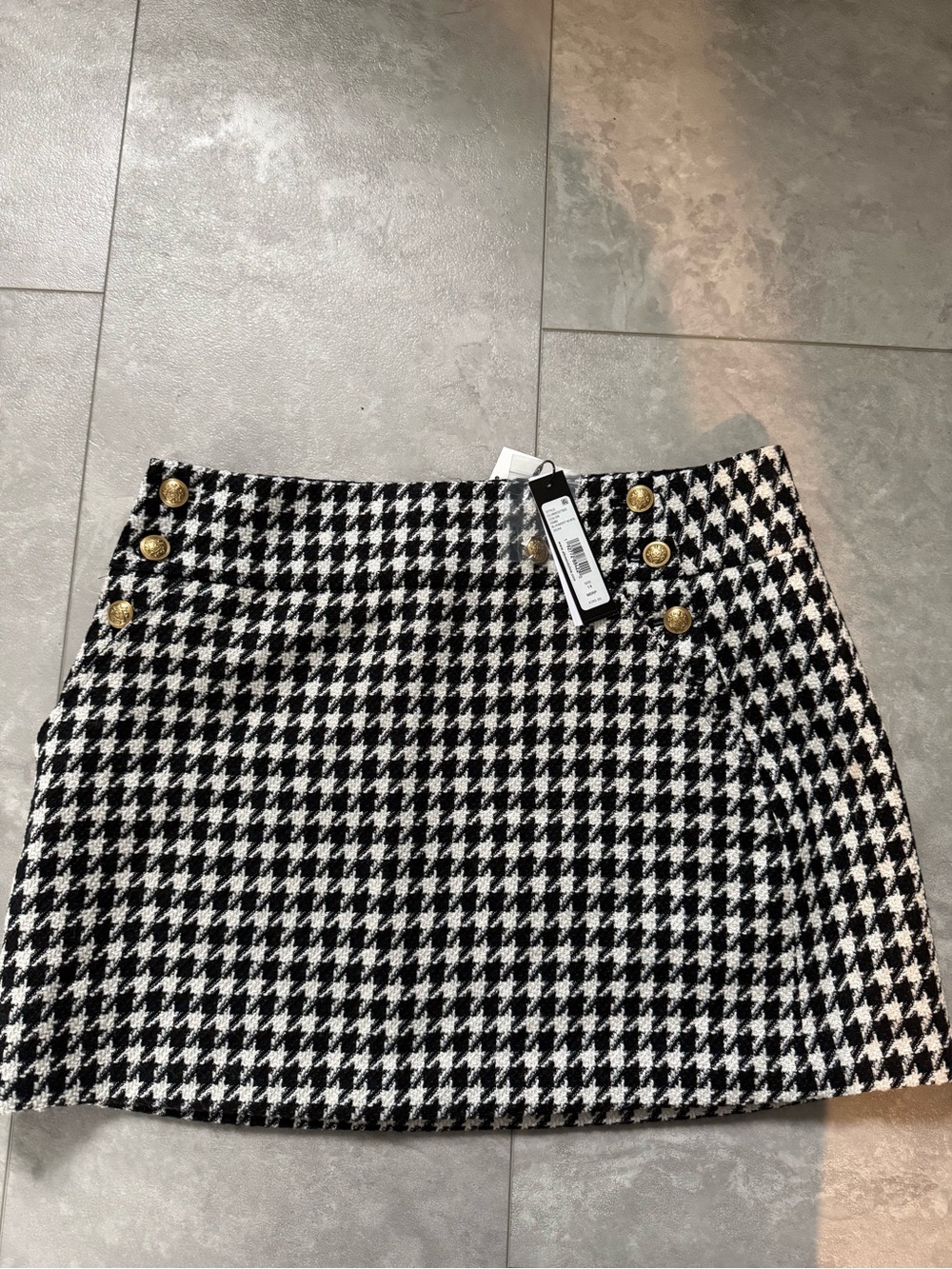 Alice + Olivia Black and White Houndstooth Mini Skirt with Gold Buttons
